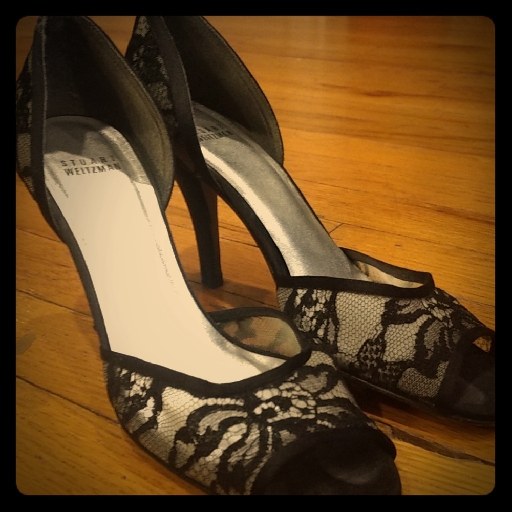Stuart Weitzman Satin trim Lace Peep toe heels